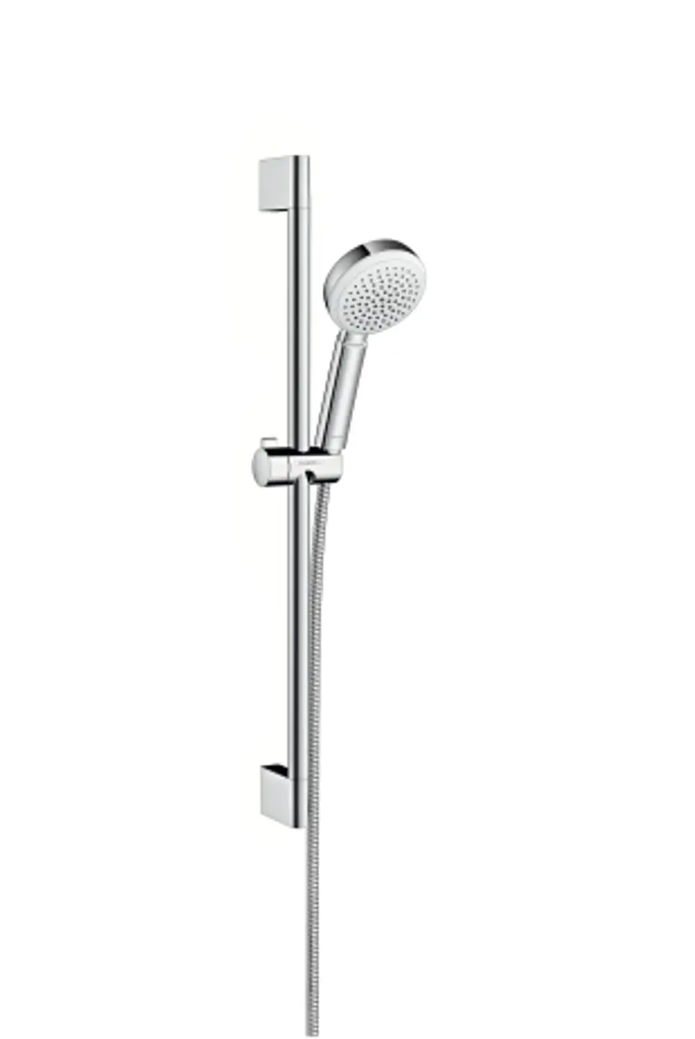 Händeduschset mit verchromter Brause und verstellbarer Halterung an einer vertikalen Stange. Die Marke Hansgrohe ist deutlich erkennbar.